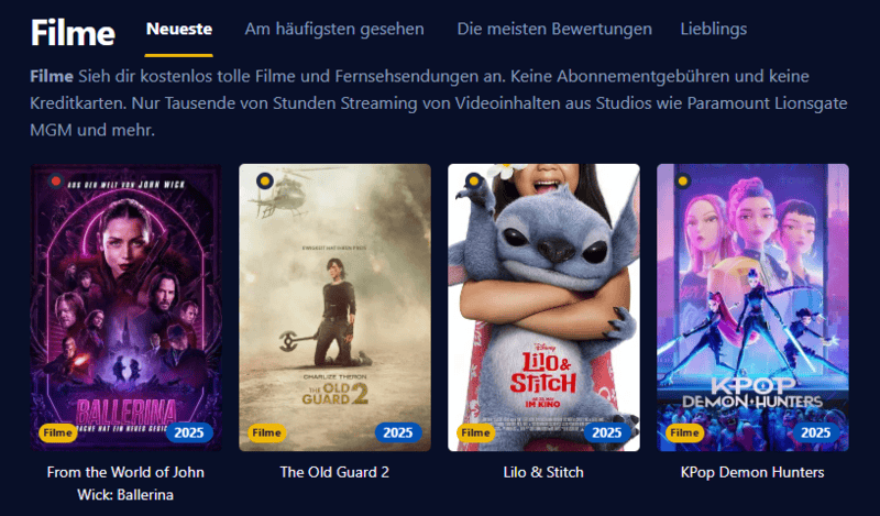 Bildschirmaufnahme der Filmpalast Benutzeroberfläche die verschiedene Filmtitel und Serienepisoden anzeigt